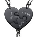 U7 BFF Necklace for 2/3/4/5/6 Best Friends Stainless Steel Chain Personalized Family Lover/Friendship Jewelry Set Personalized Engraving Heart Pendants (Set of 3 Black Customized)