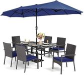 PHI VILLA 7 Piece Patio Dining Furniture Set with Umbrella, 60” Rectangular Metal Dining Table & 6 Cushioned Rattan Wicker Chairs & 13ft Large Blue Umbrella for Outdoor, Deck, Yard, Porch