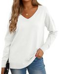 GRECERELLE Women's Casual Jumpers Sweatshirt Ladies Classic Plain Pullover Knit V Neck Long Sleeve Jumper Tops Blouse T-Shirt for Winter Fall Spring - White