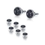 UJOY Mens Mother of Pearl Cufflinks and Studs Tuxedo Bottons Set Presentation Box Business Dress Parts for Wedding Party XDS12 Silver Black