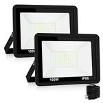 100W LED Flood Light Outdoor, LED Work Light,Floodlight Fixture with Plug in IP66 Waterproof, 6500K 2Pack Security Light for Yard Garden Stadium Garage Playground