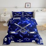 Erosebridal Ice Hockey Bedding Set Blue Neon Honeycomb Hockey Twin Comforter Set for Boys Kids Teen Men,Sports Hockey Stick Mask Puck Decor Down Comforter Geometric Hexagon Quilt Duvet 2 Pcs