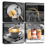 Oilpa Art Food Canvas Wall Art for Kitchen Decor Black and White Coffee Canvas Art Pictures Painting Breakfast with Drink Pints Framed Artwork Dining Room Restaurant Wall Decor 12x12 4 Pieces Set