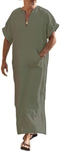COOFANDY Men's V-Neck Linen Robe Short Sleeve Kaftan Thobe Long Gown Casual Shirt for Beach, Summer Olive Green