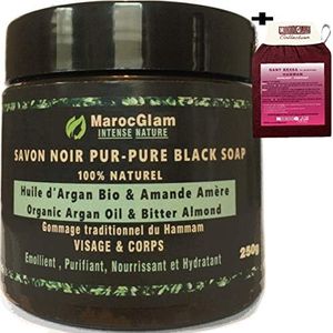 Savon Noir Hammam à l'huile d'argan BIO et l'Amandes amères 250g + Gant de gommage Kessa. Gommage au savon noir Corps et Visage, Purifiant Hydratant et Nourissant