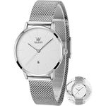 OLEVS Silver Watches for Women Thin Simple Analog Quartz Womens Watch Mesh Waterproof Small Wrist Watches for Women White Face Elegant Minimalist Dress Ladies Watch with Date, Montre Femme