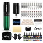 EZ Tattoo Kit - Tattoo Gun Kit Complete with Rotary Tattoo Machine Pen, Extra 1500mAh Battery Power Supply, 20Pcs Tattoo Needles and 8 Color Inks for Tattoo Beginners and Artists (Filter Fr Green)