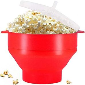 DDMMQS Silicone popcorn maker, collapsible popcorn bowl with lid and handle, dishwasher safe silicone bucket, heated popcorn maker, BPA free, great for parties and movie nights (Red)