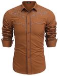 COOFANDY Mens Western Long Sleeve Shirts Embroidered Cowboy Shirts Vintage Country Button Down Shirts Coffee