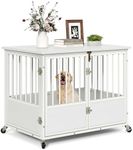 YITAHOME 38" Dog Crate Furniture with Wheels, Heavy Duty Wood Dog Cage Table with Double-Doors Chew-Resistant Wooden Dog Kennel Indoor for Large and Medium Dogs White