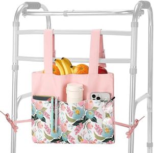Rhino Valley Walker Bag, Walker Basket for Folding Walker with Cup Holder, 7 Pockets with Adjustable Strap Rope, Large Storage Walker Tray, Foldable Walker Accessories for Seniors, Flower & Leaf