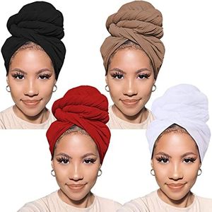 PWEOUKE Head Wraps for Black Women African Head Wrap Lightweight for Women Long Plain Turban Hair Scarf Scarves, 4 Pcs-black,camel,wine Red,white, 4 Count (Pack of 1)