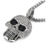 Steel Large Sugar Skull Pendant Necklace for Men Women with Cubic Zirconia and 30 inches Wheat Chain