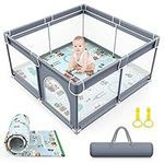 VANCLE Baby Playpen with Mat 127cm x 127cm Playpen for Babies and Toddlers, Playard for Kids Safety Play Yard Indoor & Outdoor Baby Fence Activity Center, Gray (127cmx127cm)