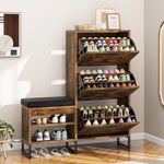 YITAHOME Farmhouse Shoe Cabinet with 3 Flip Drawers for Entryway, Shoe Storage Cabinet with Shoe Bench, Narrow Slim Shoe Rack Organizer for Entrance, Living Room, Hallway, Rustic Brown