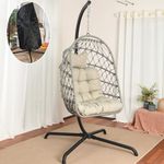 LKINBO Indoor Outdoor Egg Swing Chair with Stand and Cover, Patio Wicker Hanging Chair 450lbs Capacity Egg Chairs with UV Resistant Cushion for Bedroom Outside Balcony Patio Living Room, Gray