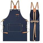 Genixart Chef Apron for Men Women with Pockets, Cotton Canvas Apron for Kitchen Cooking Baking Artist Painting, Cross Back Work Aprons for Shop, Garden, Restaurant, Cafe, Barista, M to XXL (Blue)