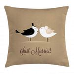 ABAKUHAUS Wedding Throw Pillow Cushion Cover, Bride and Groom Birds Kissing Just Married Hand Written Style Text Romantic Hearts, Decorative Square Accent Pillow Case, 16 X 16 Inches, Multicolor