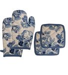 FAIRY HOME® Oven Mitten 2 Printed Gloves Cotton Oven Mitts with 2 Pot Holder (Organic Cotton 100% Feather Soft Finish) (Print Blue)