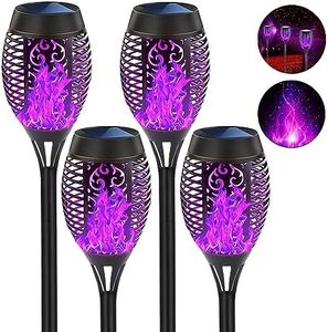 BonGu Solar Outdoor Lights 4 Pack, Purple Solar Tiki Torches Light with Flickering Flame, Auto On/Off Solar Waterproof for Pathway Yard Outdoor Christmas Decor Torch Solar Flame Garden Lights