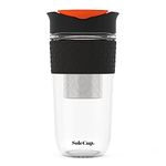 SoleCup. Large Travel Mug Loose Tea Infuser - Detachable Tea Strainer with Spill Proof Lid - 18oz/530ml BPA-Free Reusable Glass Travel Coffee Cup with Silicone Band (Black)