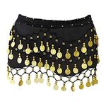 LuckyMoon Belly Dance Hip Skirt Scarf Wrap Belt with 128 Dangling Gold Coins, Chiffon Belly Dancing Skirts Outfit Accessory for Women