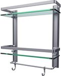 Vdomus Glass Bathroom Wall Organizer Shelf, 2-Tier Glass Shelf with Integrated Towel Bar Wall Mounted Shower Storage 15.2 by 5 inches, Brushed Silver Finish (2 Tier Glass Shelf)