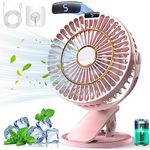 Multper USB Desk Fan, Upgraded LCD Display Mini Clip-on Fan with 5 Speeds, 720° Rotation Rechargeable Quiet Table Fan, 6” Portable Fan for Desktop Office Home Bedroom Car Outdoor Camping -Pink