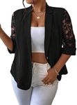 WDIRARA Women's Floral Lace Mesh One Button Lapel Neck Long Sleeve Elegant Jacket Blazer Black Lace 2XL