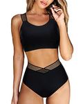 DOULAFASS Women Racer Back Bikini Top with V Cross High Waisted Bottom Mesh Swimsuit Two Pieces Swimwear Black