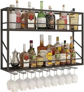 Woskar Wall Mounted Wine Rack 2 Tier, Metal Bar Liquor Shelves and Glass Holder,Wall Bar Shelf Wine Display Storage Holder for Home Bar, Dining Room, Kitchen (47.2×7.8×26in)