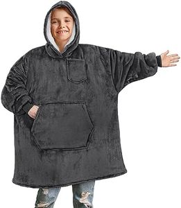 PAVILIA Wearable Blanket Sweatshirt for Kids Boy Girl Dark Grey Charcoal, Warm Cozy Giant Blanket Hoodie, Fleece Sherpa Oversized Blanket Sweatshirt with Sleeves, Big Pocket, Christmas Gift
