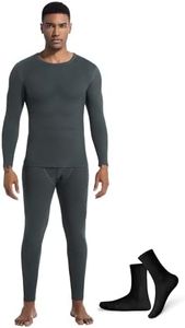 Raueupo Warm Thermal Underwear Set Mens Base Layer Long Johns Winter Hunting Gear Bottom Leggings Top with Mens Crew Socks (Grey, Medium)