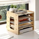 PUNCIA 5 Tiers Widthways Wood Office Paper Organizer for Desk Desktop File Holder Stackable Letter Tray A4 Paper Sorter Document Book Magazine Mail Storage Shelf Rack Desk Literature Organizer