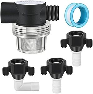 Dreyoo RV Water Pump Strainer Filter, 1/2" Twist On Pipe Strainer, 1/2" x 14 NPT x 1/2 Inch Barb Elbow and 2 Straight Swivel Adapter, RV Plumbing Fittings with PTFE Thread Seal Tape