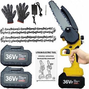 8" Mini Chainsaw Cordless Electric Pruning Shears One-Handed Portable Chain Saw With 2 Battery 2 Chains Safety Lock Brushless Motor Gloves for Branch Wood Cutting Garden Tree Logging Trimming Yellow
