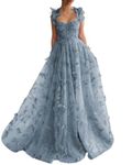 HRTHSLFSHA 3D Butterfly Corset Prom Dresses 2025 Long Tulle Princess Ball Gowns for Women Split Fairy Gown, Dusty Blue, 6