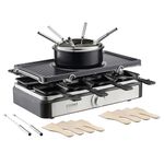 Cooks Professional Electric Raclette Grill & Fondue Set 1400w with Non-Stick Metal Grill Plate, 1L Pot, Mini Pans, Wooden Spatulas, Forks & Adjustable Thermostat for Parties & Group Dining | 8 Person