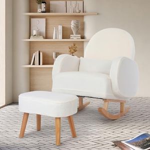 Levede Rocking Chair Nursery with Ottoman, Nursing Armchair with Footrest, Cloud Rocker Chairs for Living Room/Bedroom, Backrest Footstool Indoor, Solid Wood Frame,Max 150kg Capacity (Beige)