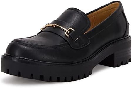 Womens Lug Sole Platform Mid Chunky Heel Loafers Classic Round Toe Slip On Office Uniform Oxfords Shoes with Metal Chain Black