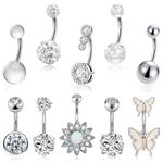 Jupwalz 10 Pcs Hypoallergenic Belly Button Rings, 14G Surgical Steel Belly Button Rings for Women, Cubic Zirconia Diamond Belly Button Barbs Belly Piercing Jewelry (Silver)