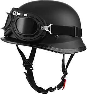 Yesmotor Helmet Half Shell German Motorcycle Helmet with Cycling Glasses - DOT Approved (Medium, Matte Black & Black)