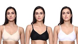 TRASA Women's and Girls Cotton Non-Padded Non-Wired Everyday T-Shirt Bra - Colour - Black, White and Skin, Size : 40