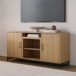 Modern Ember Rochester TV Stand in White Oak - Laminate Wood Entertainment Center with Metal Legs, Holds TVs up to 60 Inches, 2 Cabinets, 3 Adjustable Shelves