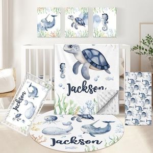 KAINSY Personalized Baby Crib Bedding Set, 5 Pcs Custom Name Baby Bedding Set, Double Layer Nursery Bedding Set, Ocean Animal Baby Crib Set for Girls Boys, Gift for Toddler Infant Baby New Parents
