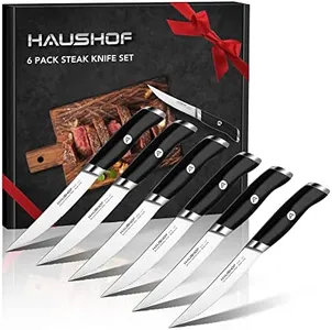HAUSHOF Steak Knives Set of 6, German Stainless Steel Premium Serrated Steak Knife Set with Gift Box, Full Tang Design with Ergonomic Handle, Gifts Knife Set for Dad, Mom, Husband and Wife