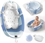 Collapsible Baby Bathtub - Large Baby Bath Tub with Thermometer | Bath Essential Bañera para Bebe Easy Fold Baby Tub | Travel Infant Newborn Toddler Bathtub for Baby Girl Boy 0 to 36 Months (Blue)