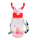 PLUSPOINT Space Astronaut Water Bottle for Kids Cute Cartoon Leak-Proof 1200ml Sipper Bottle with Straw, Flip Cover, BPA-Free, School water bottle for boys girls (Horn-Pink)