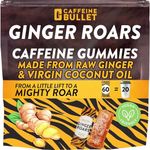 Ginger Roars - 60 Caffeine Gummies - Plant Based Caffeine Chews each 33mg caffeine, made from root ginger with a tasty, natural fiery kick for improved energy for running, cycling, preworkout & focus.