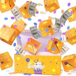 BABORUI Birthday Surprise Gift Box Explosion for Money, Happy Birthday Surprise Gift Box with Confetti, Cash Explosion Gift Box for Women Men Kids(Yellow Birthday)